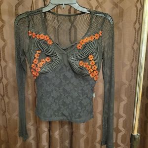 AGILITG Sheer Black Embellished Top - Red Flowers